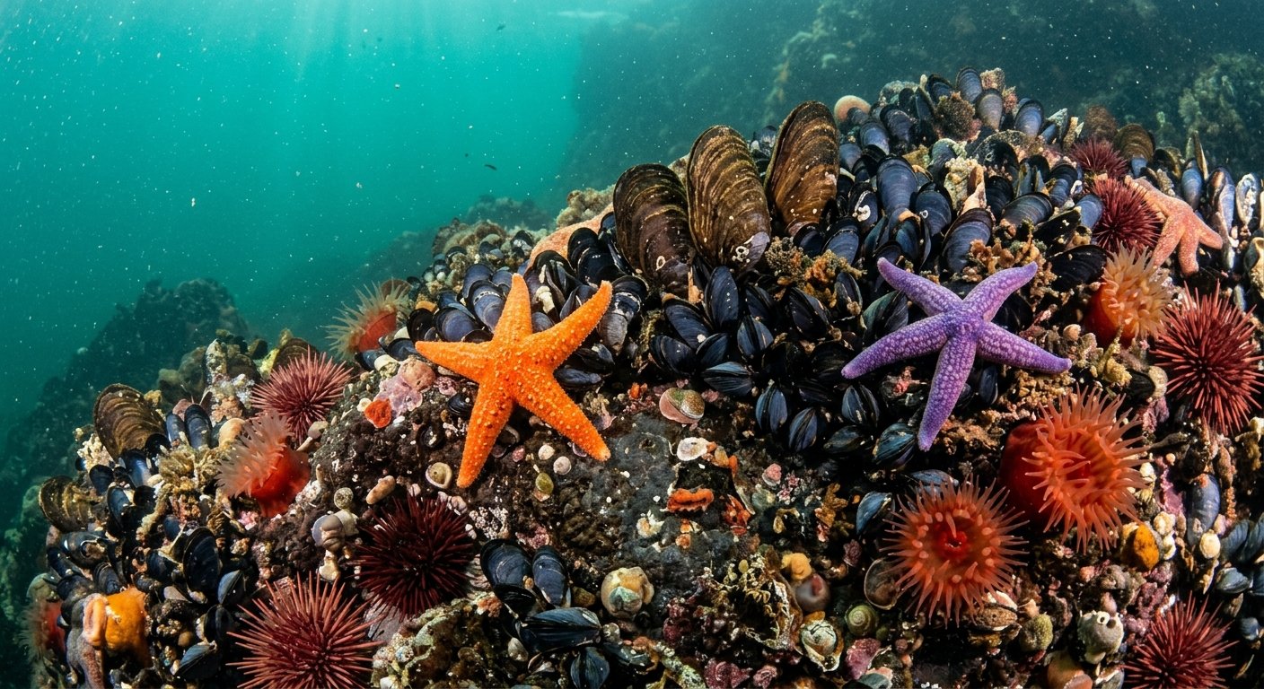 Fondo marino con cholgas y estrellas de mar